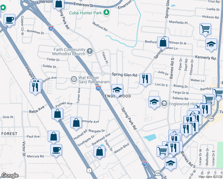 map of restaurants, bars, coffee shops, grocery stores, and more near 4261 Spring Park Road in Jacksonville