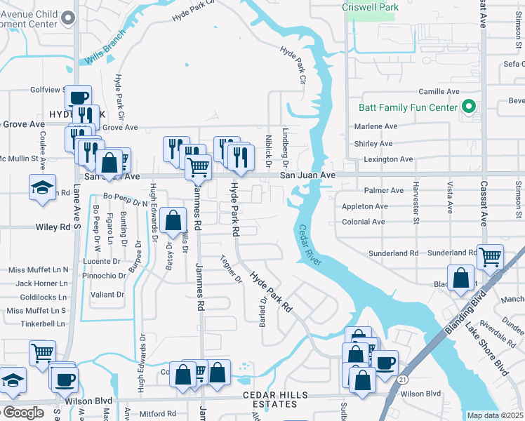 map of restaurants, bars, coffee shops, grocery stores, and more near 2078 Niblick Drive in Jacksonville