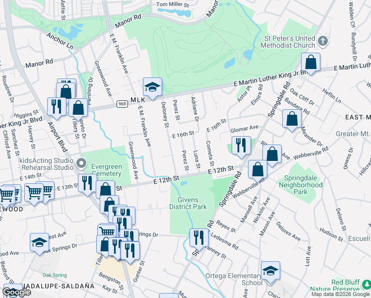 map of restaurants, bars, coffee shops, grocery stores, and more near 1403 Perez Street in Austin