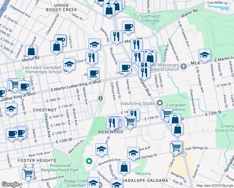 map of restaurants, bars, coffee shops, grocery stores, and more near 1706 Sanchez Street in Austin