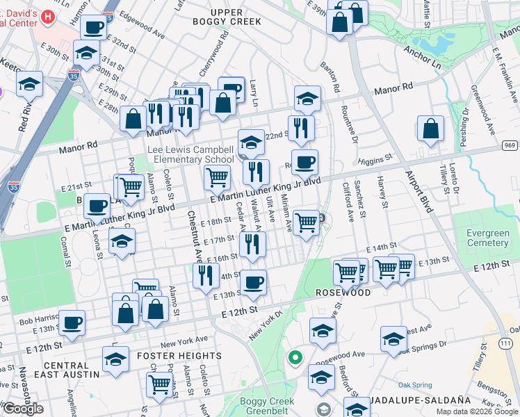 map of restaurants, bars, coffee shops, grocery stores, and more near 1807 Walnut Avenue in Austin