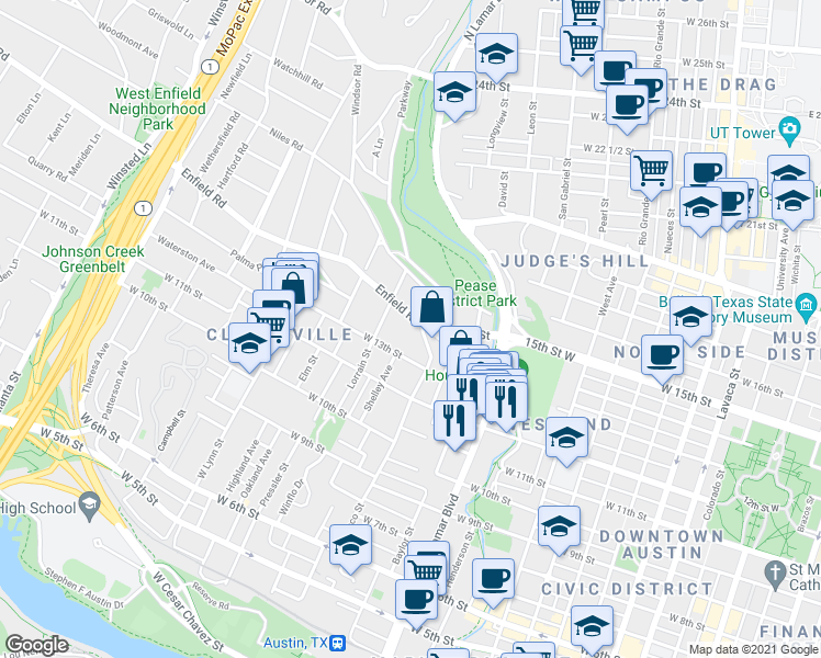 map of restaurants, bars, coffee shops, grocery stores, and more near 1504 Windsor Road in Austin