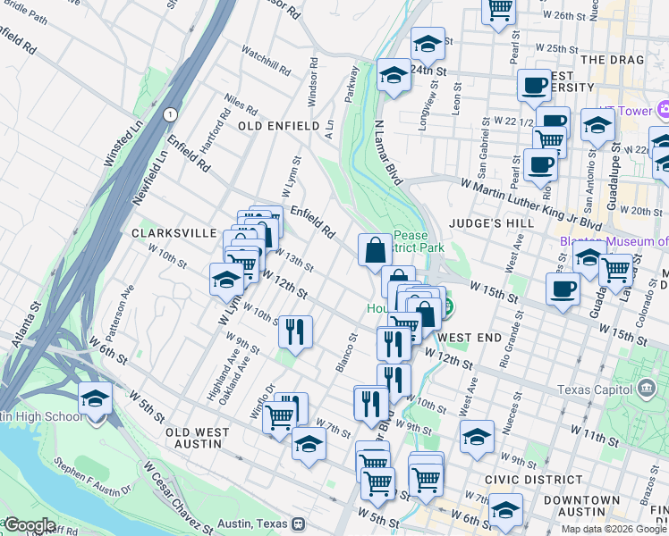 map of restaurants, bars, coffee shops, grocery stores, and more near 1403 Lorrain Street in Austin