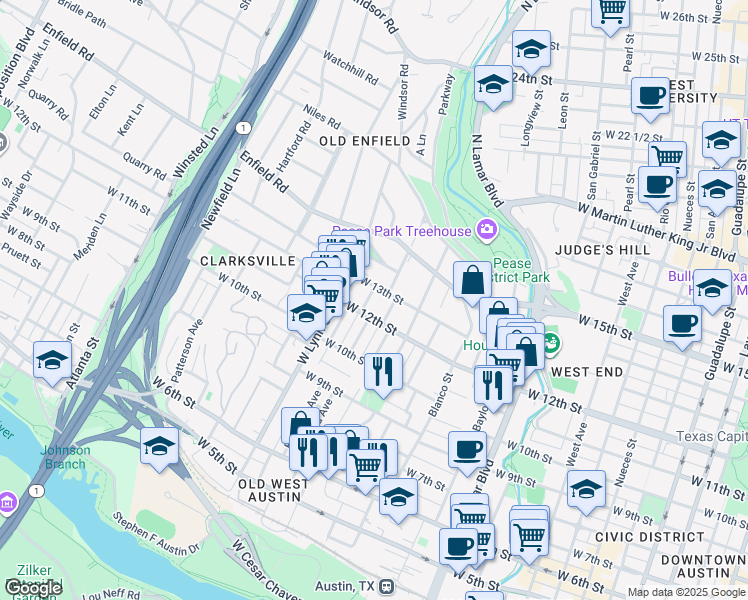 map of restaurants, bars, coffee shops, grocery stores, and more near 1200 Elm Street in Austin
