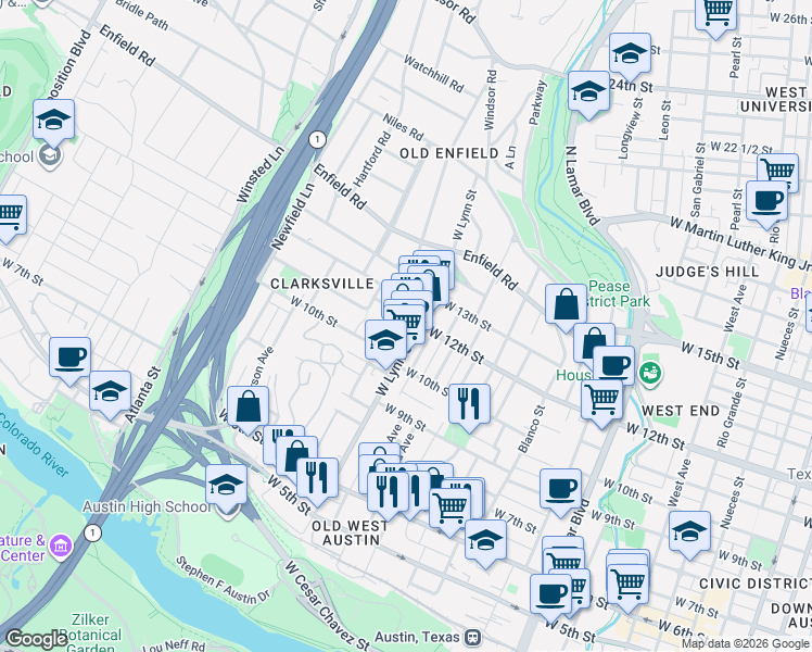 map of restaurants, bars, coffee shops, grocery stores, and more near in Austin