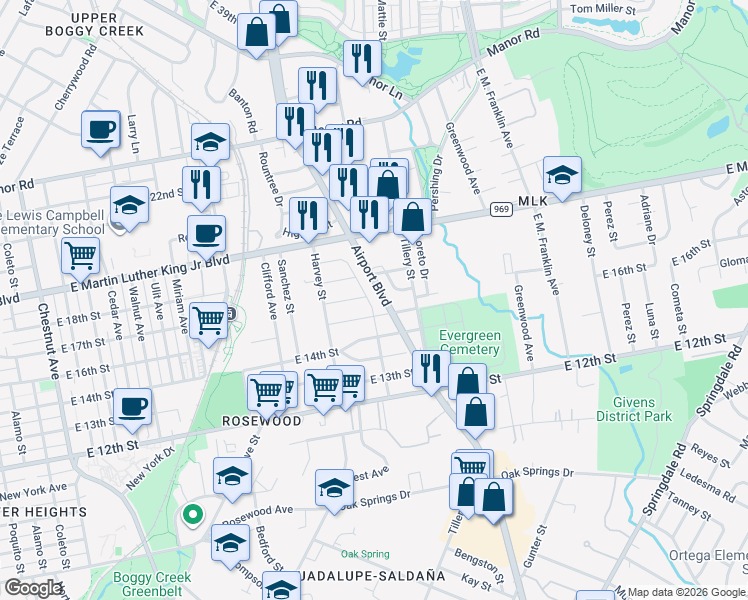 map of restaurants, bars, coffee shops, grocery stores, and more near 1702 Lovingood Drive in Austin