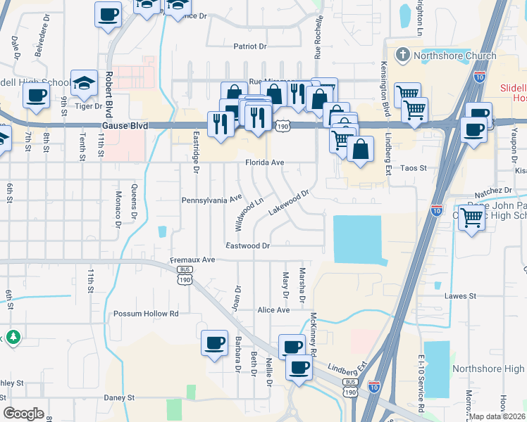 map of restaurants, bars, coffee shops, grocery stores, and more near 1513 Wildwood Lane in Slidell