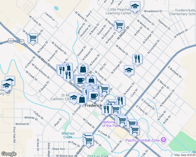 map of restaurants, bars, coffee shops, grocery stores, and more near 305 West Travis Street in Fredericksburg