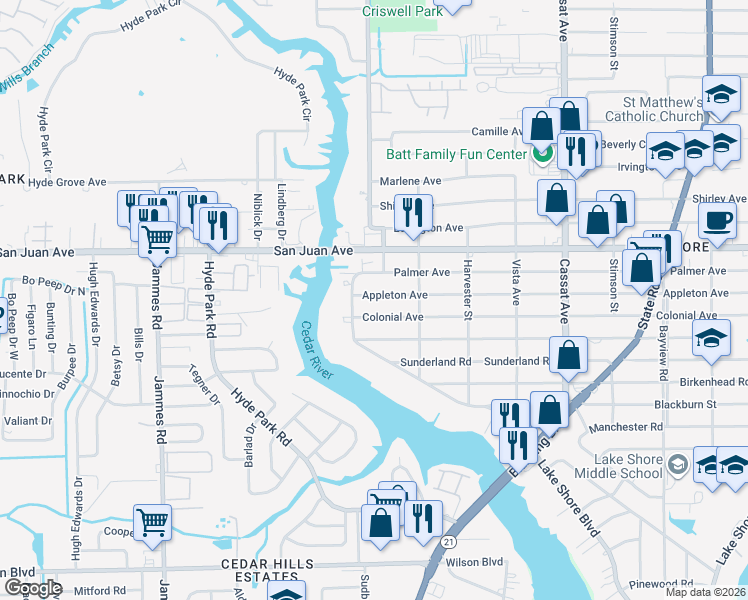 map of restaurants, bars, coffee shops, grocery stores, and more near 5343 Appleton Avenue in Jacksonville
