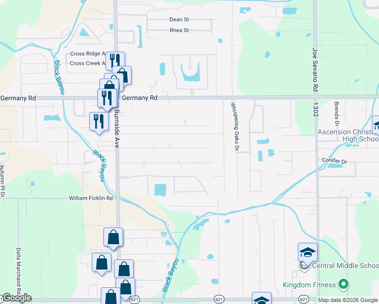 map of restaurants, bars, coffee shops, grocery stores, and more near 41259 Courtney Road in Gonzales