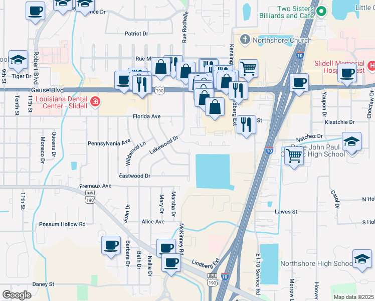 map of restaurants, bars, coffee shops, grocery stores, and more near 1530 Fernwood Drive in Slidell