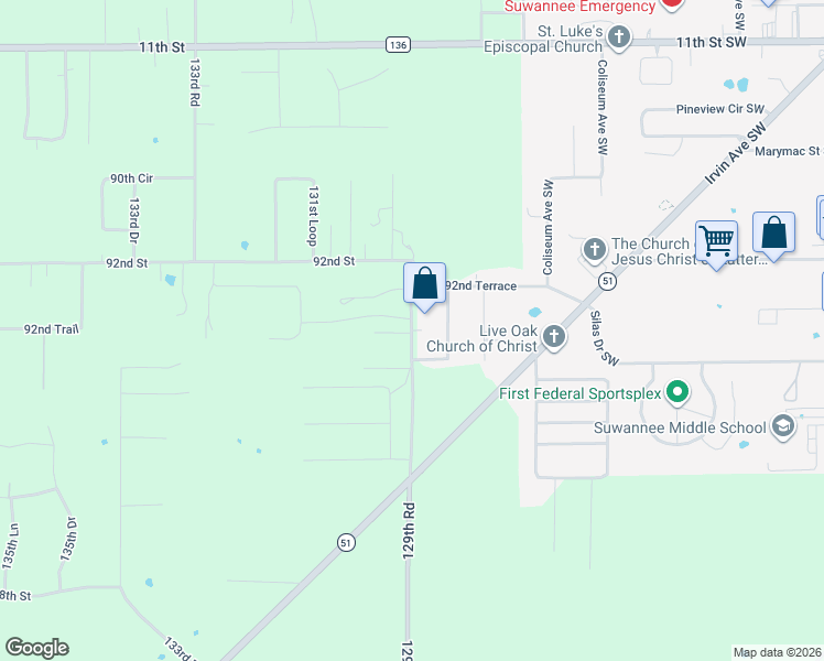 map of restaurants, bars, coffee shops, grocery stores, and more near 9279 129th Road in Live Oak
