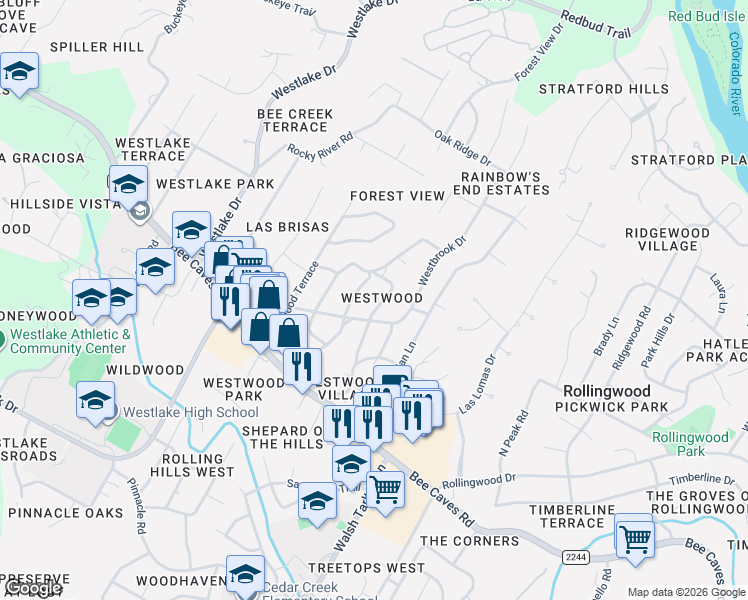 map of restaurants, bars, coffee shops, grocery stores, and more near 304 Blue Ridge Trail in Austin