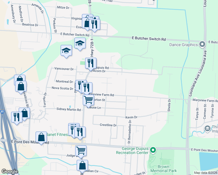 map of restaurants, bars, coffee shops, grocery stores, and more near 305 Maryview Farm Road in Lafayette