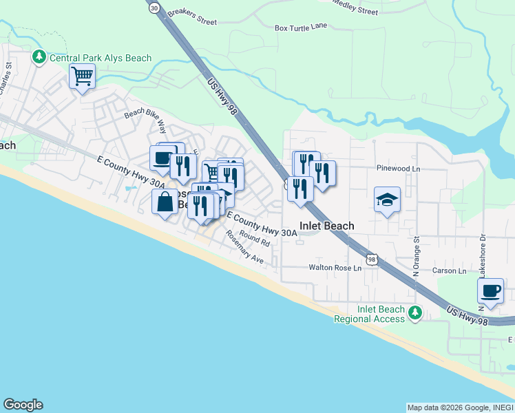 map of restaurants, bars, coffee shops, grocery stores, and more near 108 Bourne Lane in Rosemary Beach