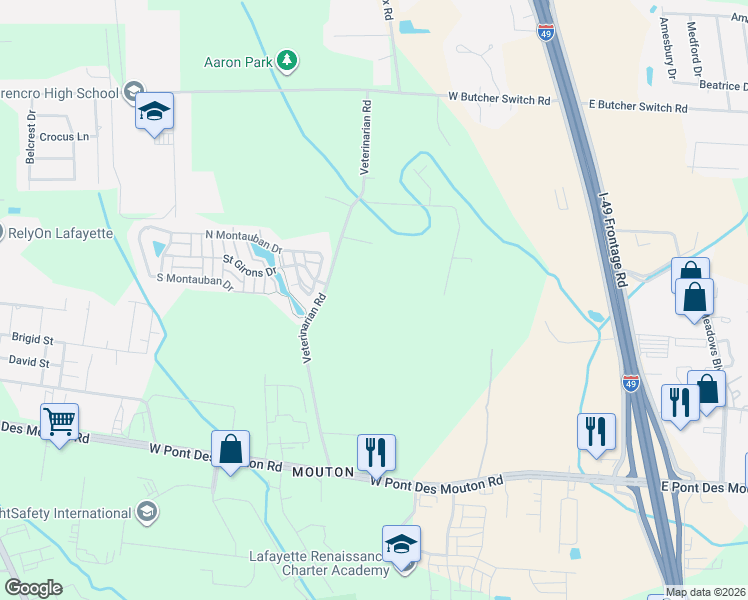 map of restaurants, bars, coffee shops, grocery stores, and more near 273-345 Veterinarian Road in Lafayette