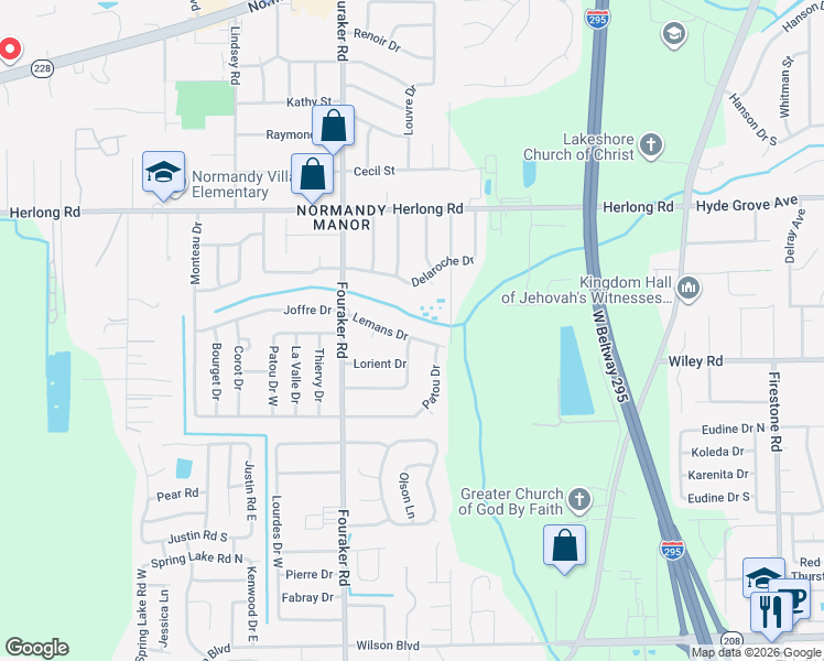 map of restaurants, bars, coffee shops, grocery stores, and more near 7845 Lemans Drive in Jacksonville