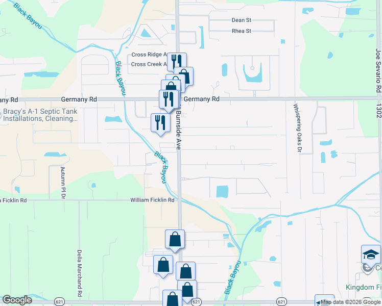 map of restaurants, bars, coffee shops, grocery stores, and more near 14390 Louisiana 44 in Gonzales