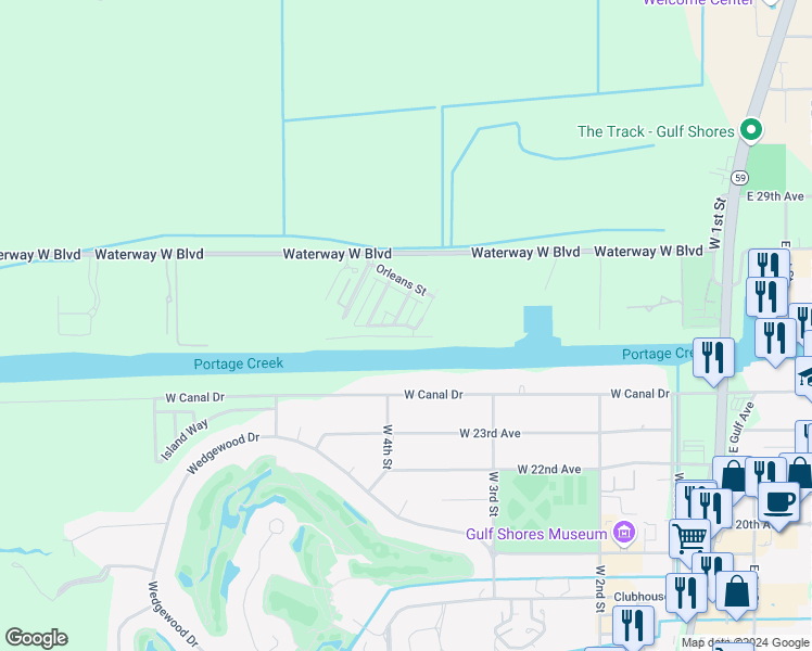 map of restaurants, bars, coffee shops, grocery stores, and more near Chastain Street in Gulf Shores
