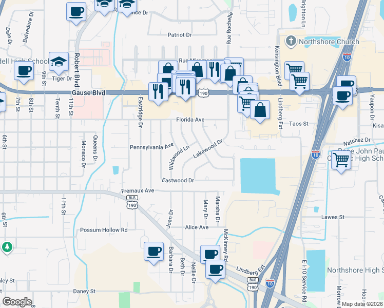 map of restaurants, bars, coffee shops, grocery stores, and more near 1513 Wildwood Lane in Slidell