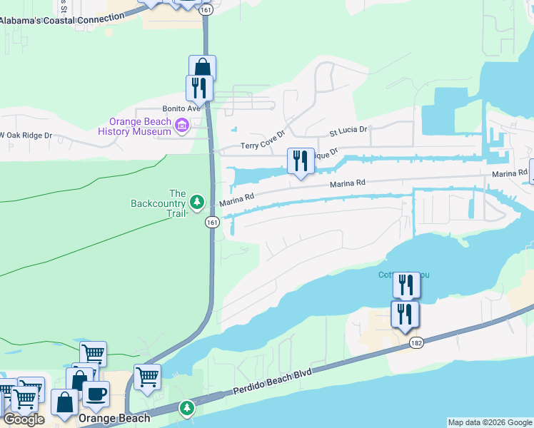 map of restaurants, bars, coffee shops, grocery stores, and more near 26193 Carondelette Drive in Orange Beach