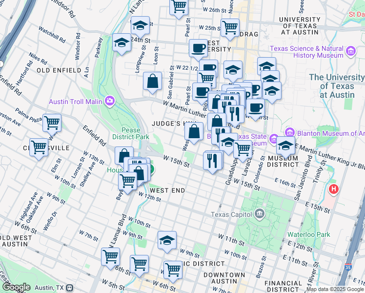 map of restaurants, bars, coffee shops, grocery stores, and more near 1600 West Avenue in Austin