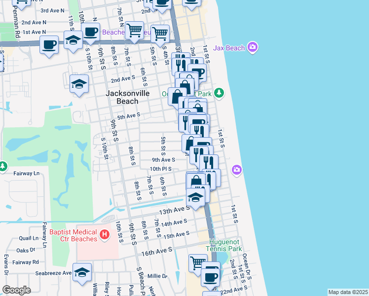 map of restaurants, bars, coffee shops, grocery stores, and more near 404 Upper 8th Avenue South in Jacksonville Beach