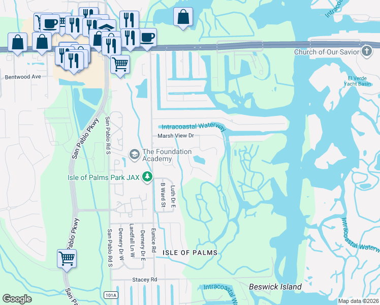 map of restaurants, bars, coffee shops, grocery stores, and more near 14637 Crystal View Lane in Jacksonville