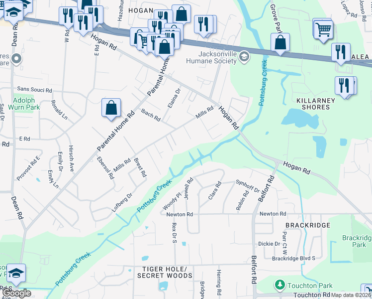 map of restaurants, bars, coffee shops, grocery stores, and more near 2115 Mills Road in Jacksonville