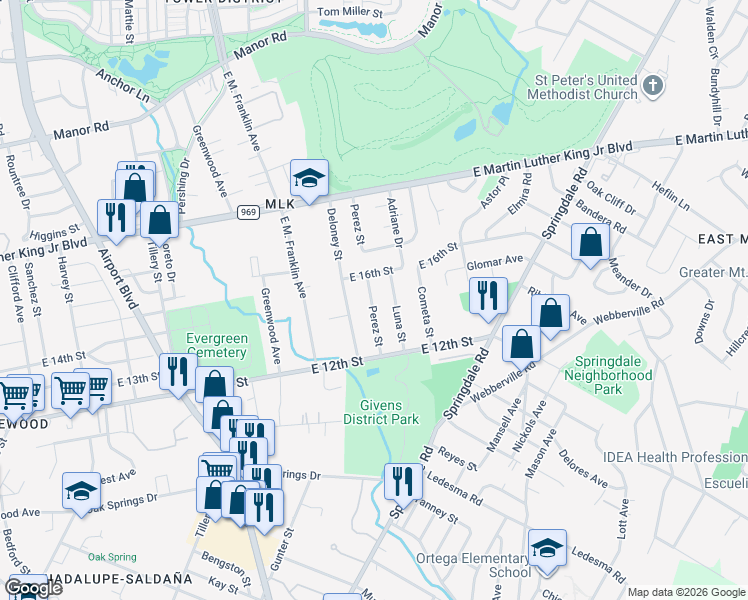 map of restaurants, bars, coffee shops, grocery stores, and more near 1403 Perez Street in Austin