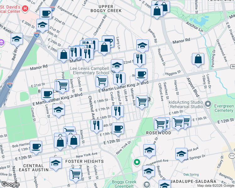 map of restaurants, bars, coffee shops, grocery stores, and more near 1807 Walnut Avenue in Austin