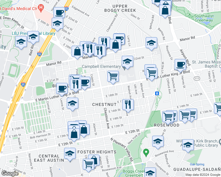 map of restaurants, bars, coffee shops, grocery stores, and more near 2403 East Martin Luther King Junior Boulevard in Austin