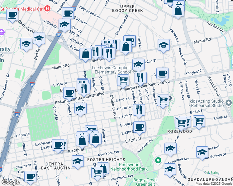 map of restaurants, bars, coffee shops, grocery stores, and more near 2403 East Martin Luther King Junior Boulevard in Austin