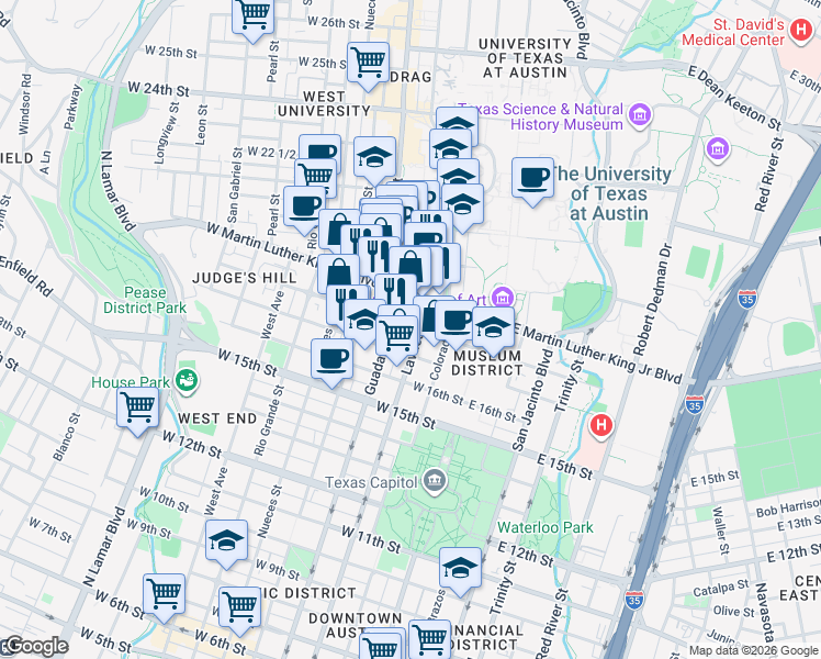 map of restaurants, bars, coffee shops, grocery stores, and more near in Austin