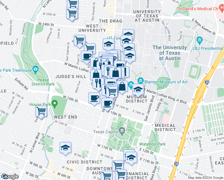 map of restaurants, bars, coffee shops, grocery stores, and more near 1800 Lavaca Street in Austin