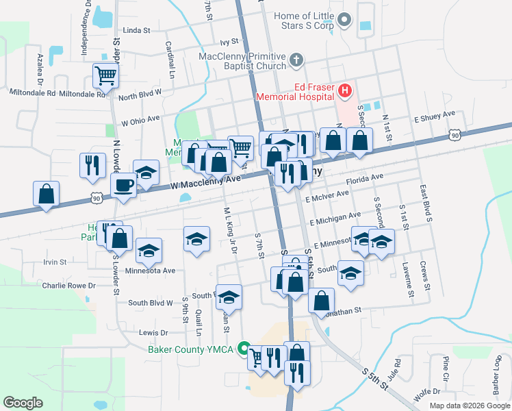 map of restaurants, bars, coffee shops, grocery stores, and more near 173 West McIver Avenue in Macclenny