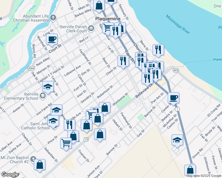 map of restaurants, bars, coffee shops, grocery stores, and more near 24217 Ferdinand Street in Plaquemine
