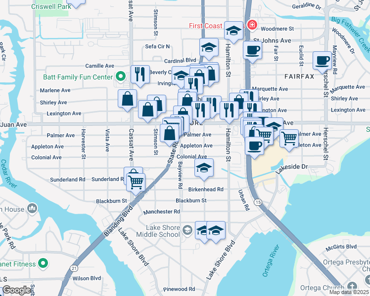 map of restaurants, bars, coffee shops, grocery stores, and more near 2105 Bayview Road in Jacksonville