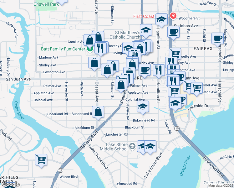 map of restaurants, bars, coffee shops, grocery stores, and more near 4744 Appleton Avenue in Jacksonville