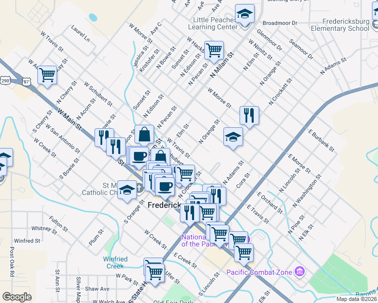 map of restaurants, bars, coffee shops, grocery stores, and more near 302 West Travis Street in Fredericksburg