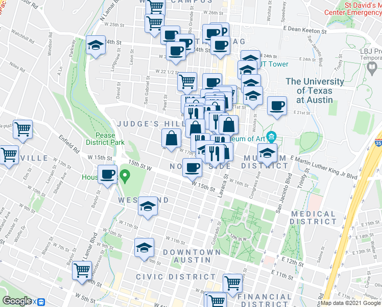 map of restaurants, bars, coffee shops, grocery stores, and more near Nueces St & W 17th St in Austin