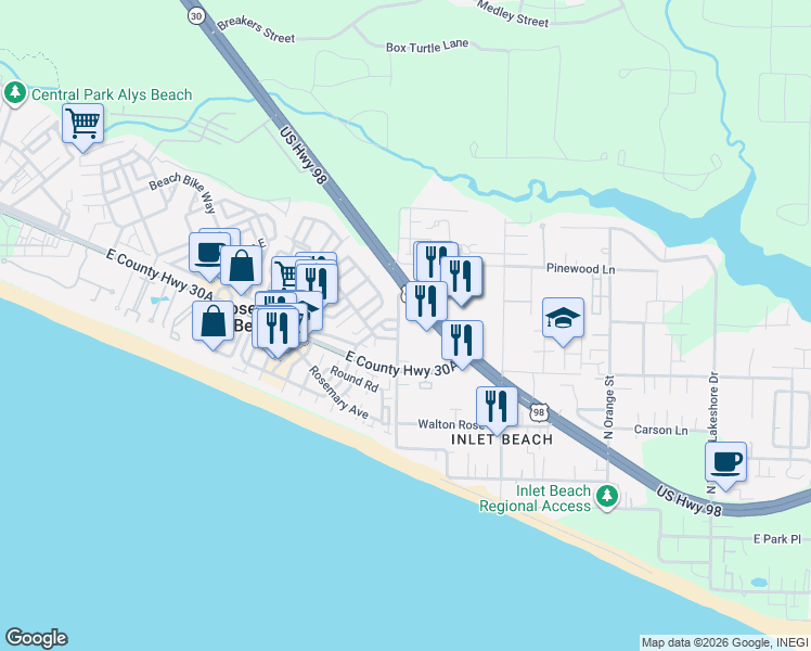 map of restaurants, bars, coffee shops, grocery stores, and more near 114 North Winston Lane in Panama City Beach