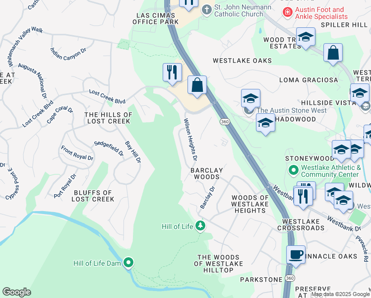 map of restaurants, bars, coffee shops, grocery stores, and more near 1317 Thaddeus Cove in Austin