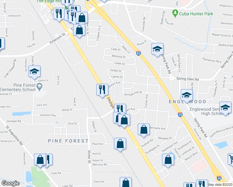 map of restaurants, bars, coffee shops, grocery stores, and more near 4259 Philips Highway in Jacksonville