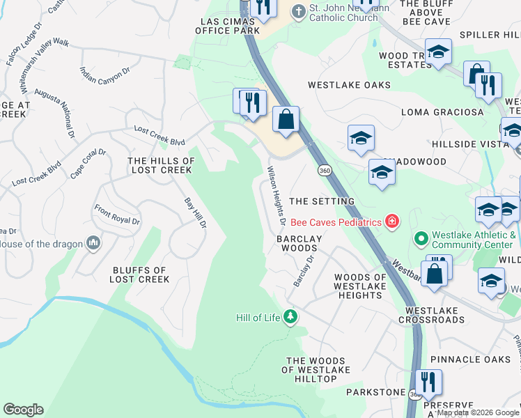 map of restaurants, bars, coffee shops, grocery stores, and more near 1320 Thaddeus Cove in Austin