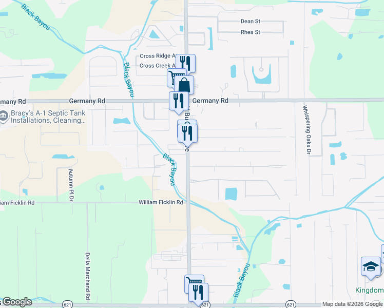 map of restaurants, bars, coffee shops, grocery stores, and more near 14390 Louisiana 44 in Gonzales