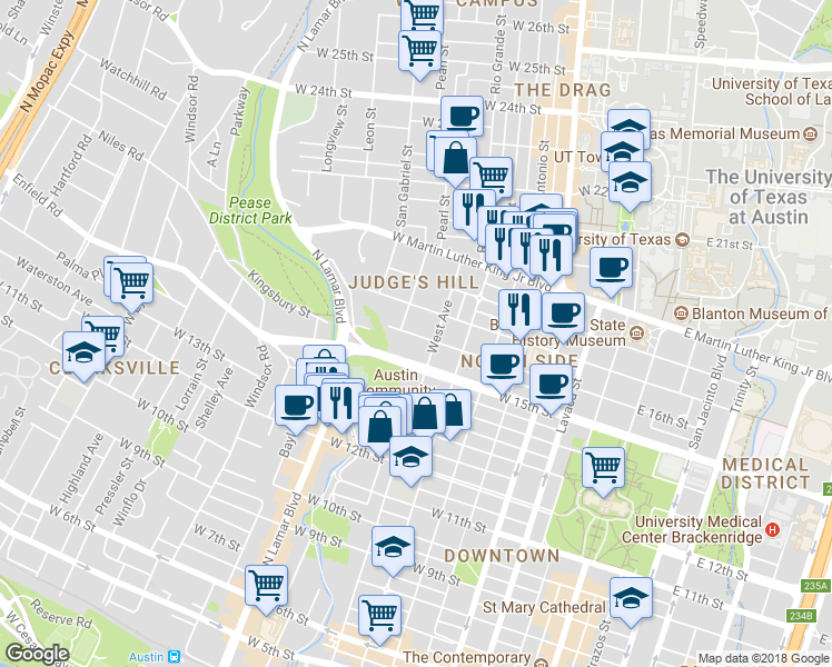 map of restaurants, bars, coffee shops, grocery stores, and more near 806 West 16th Street in Austin