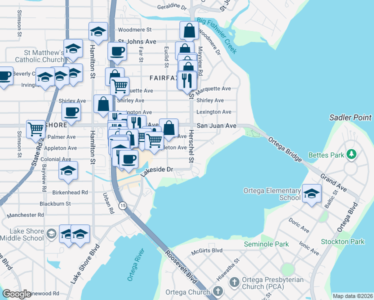 map of restaurants, bars, coffee shops, grocery stores, and more near 4404 Herschel Street in Jacksonville