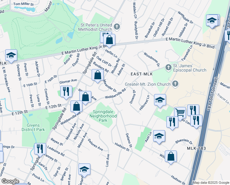 map of restaurants, bars, coffee shops, grocery stores, and more near 1603 Meander Drive in Austin
