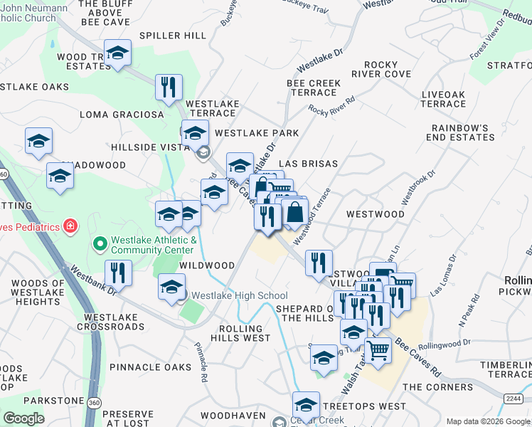 map of restaurants, bars, coffee shops, grocery stores, and more near 3736 Bee Caves Rd in West Lake Hills